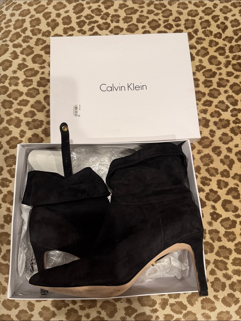 Calvin Klein Black Suede Pointed-Toe Mid-Calf Heeled Boots
